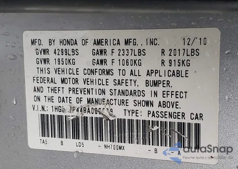 2011 Honda Accord 2.4 Lx-P from USA, damaged, VIN 1HGCP2F44BA066578